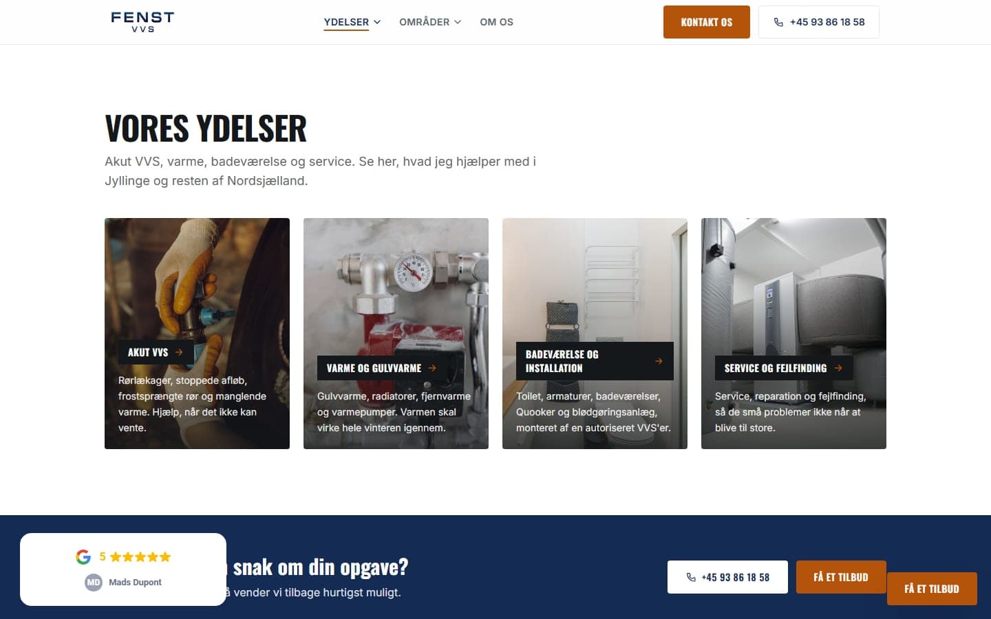 Ydelsesoversigten på FENST VVS' hjemmeside