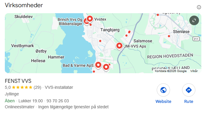 Google-søgning på vvs i Jyllinge, hvor FENST VVS ligger øverst med 5,0 stjerner og 29 anmeldelser
